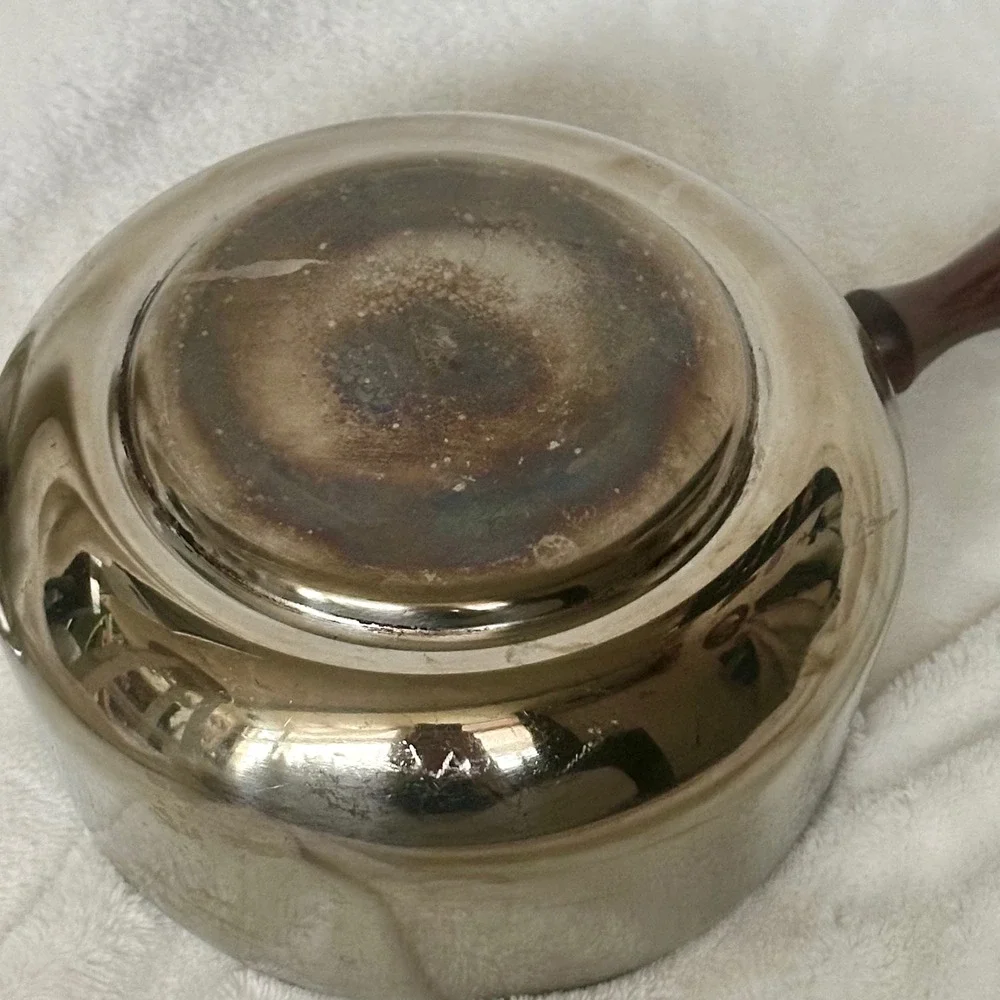 Vintage Mid Century Stainless Steel Fondue Sauce‎ Pot Wood Handle Lid